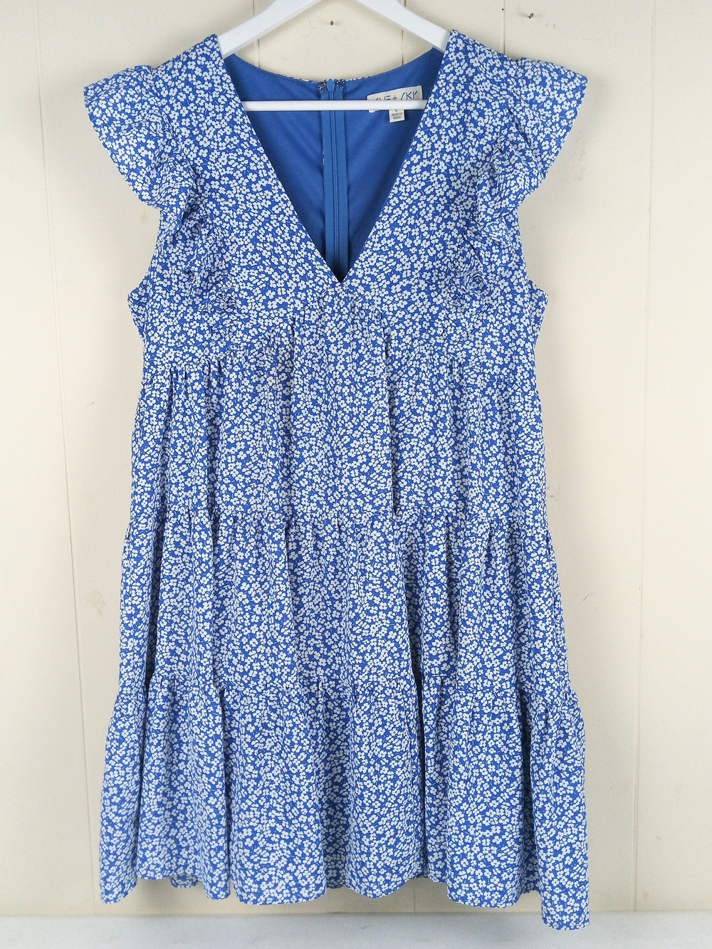 She Sky Blue Floral Tiered Babydoll Dress Flutter Sleeves Size L Peasant Size L